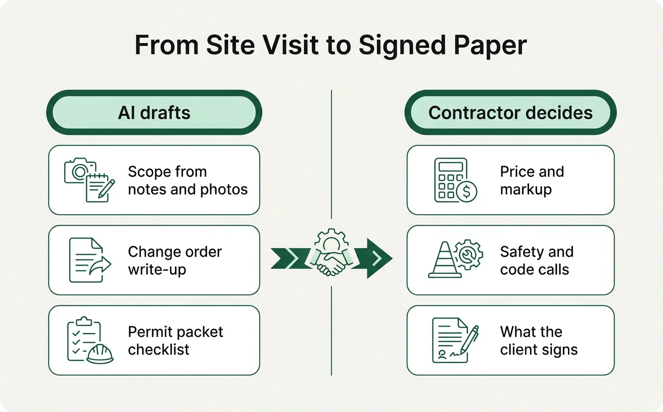 A two-column graphic showing that AI drafts scopes, change orders and permit packets while the contractor decides pricing, safety, code and what the client signs.