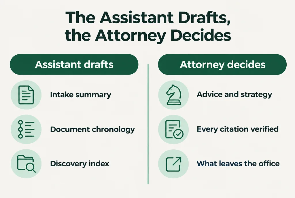 A two-column graphic showing an assistant drafting intake summaries, chronologies and discovery indexes while the attorney decides advice, verifies citations and approves what leaves the office.
