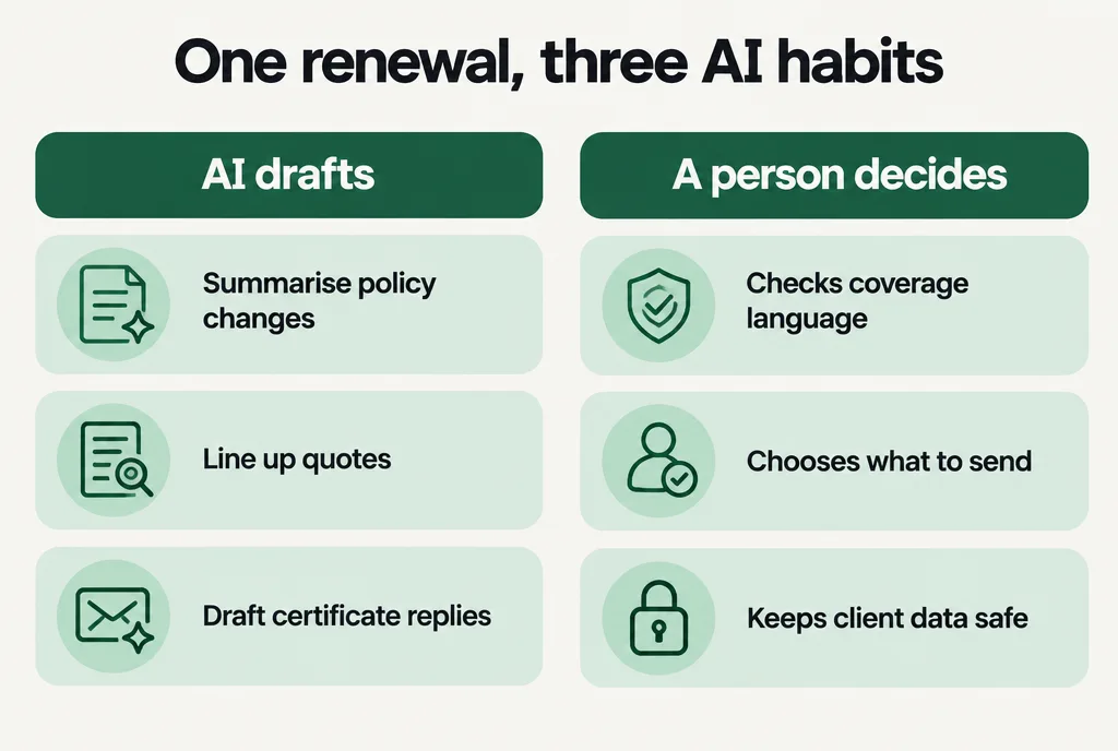 A two-column diagram showing the renewal tasks AI drafts on the left and the decisions a CSR keeps on the right.