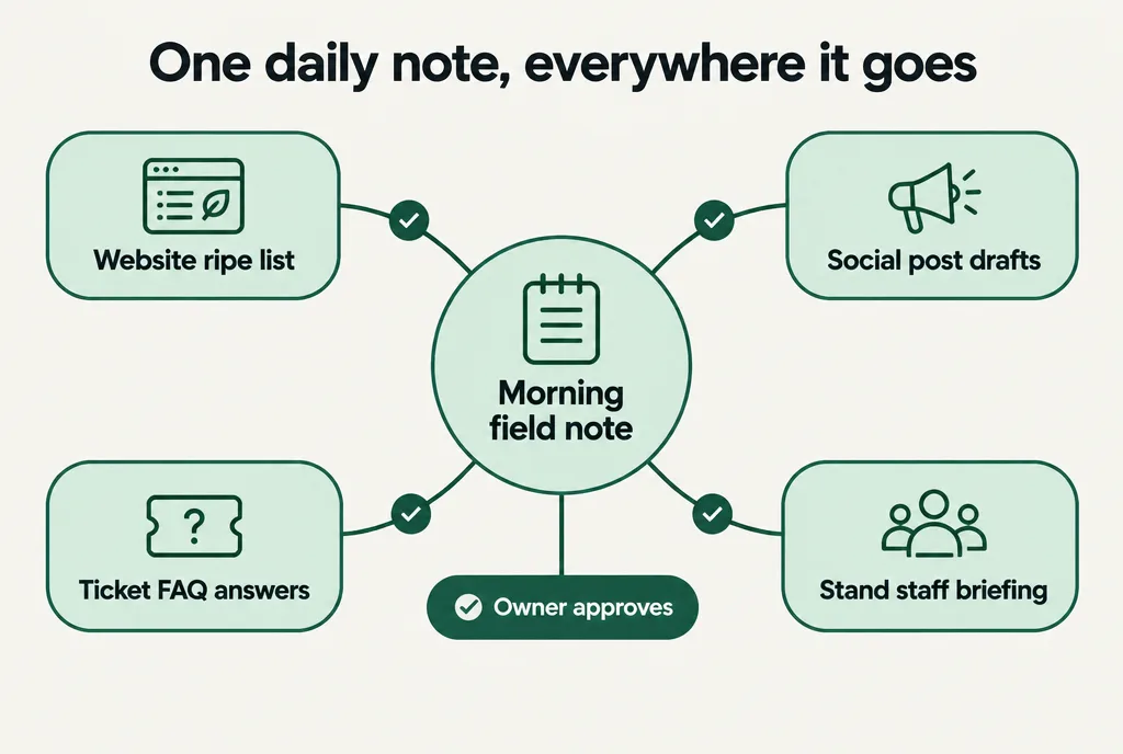A diagram showing one morning field note feeding the website, social posts, ticket answers and staff briefing, each approved by the owner.