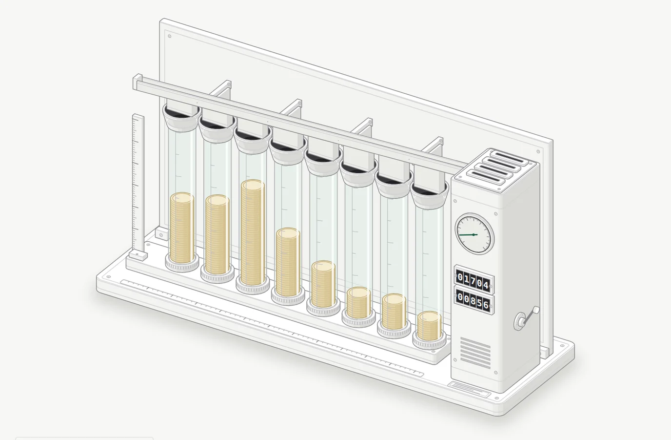 An isometric drawing of a desk coin sorter: eight glass tubes holding stacks of brass coins, a sloped rail above them, and a hopper with four slots, a dial and two counters