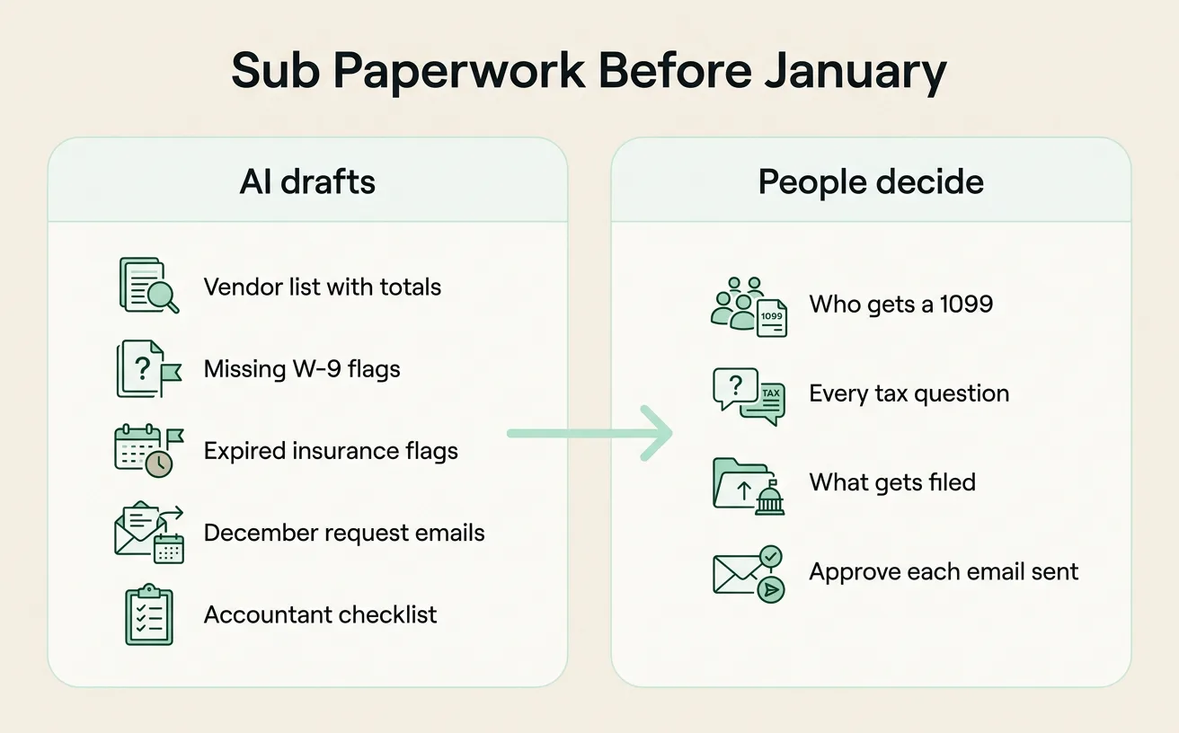 Two-column graphic showing what AI drafts for year-end sub paperwork on the left and what the owner and accountant decide on the right.