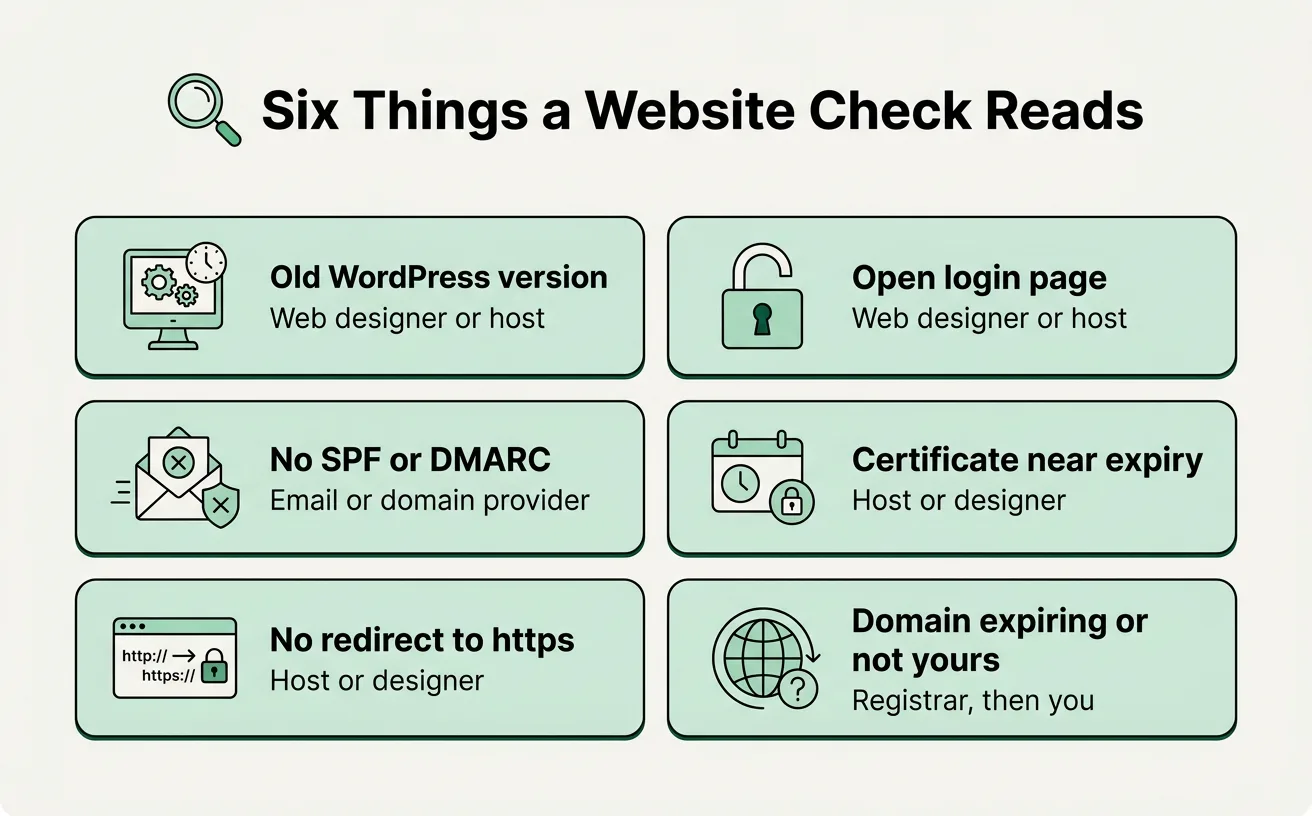 Six cards listing the common website findings, each paired with the person to ask to fix it.