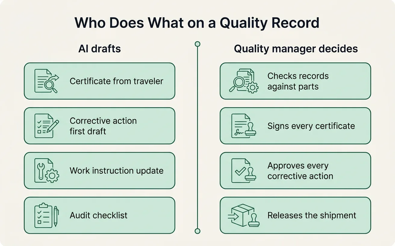 A two-column graphic showing what AI drafts for quality paperwork on the left and what the quality manager checks, signs and approves on the right.