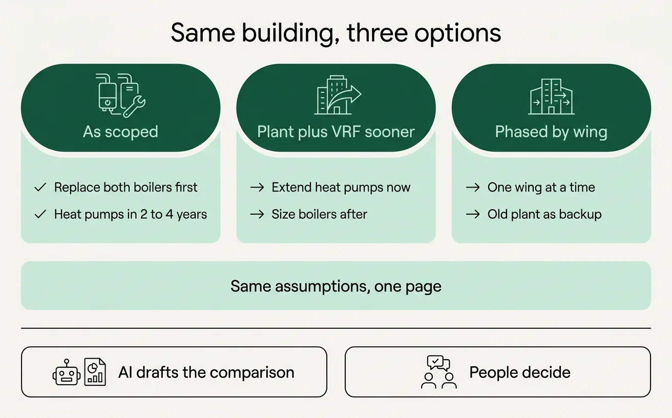 Three options for the same building compared side by side on one page, with AI drafting the comparison and people deciding