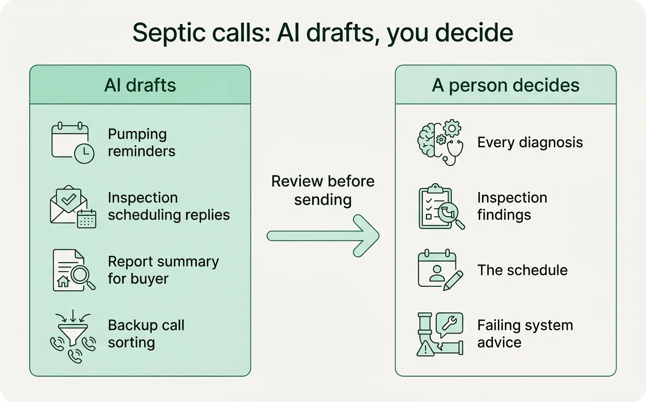 Two-column graphic showing what AI drafts for a septic company on the left and what a person decides on the right.