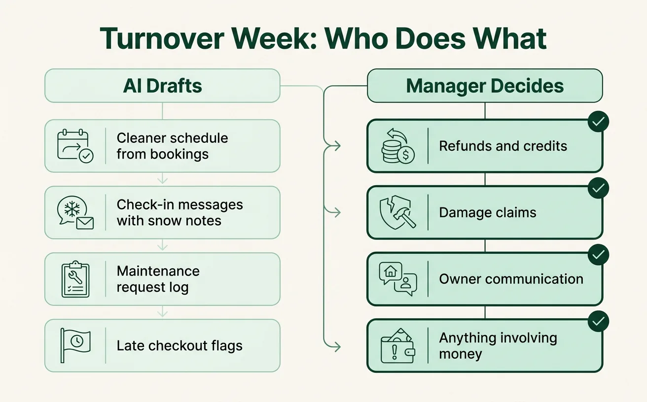 A two-column diagram showing which turnover tasks AI can draft versus which ones a property manager must decide.