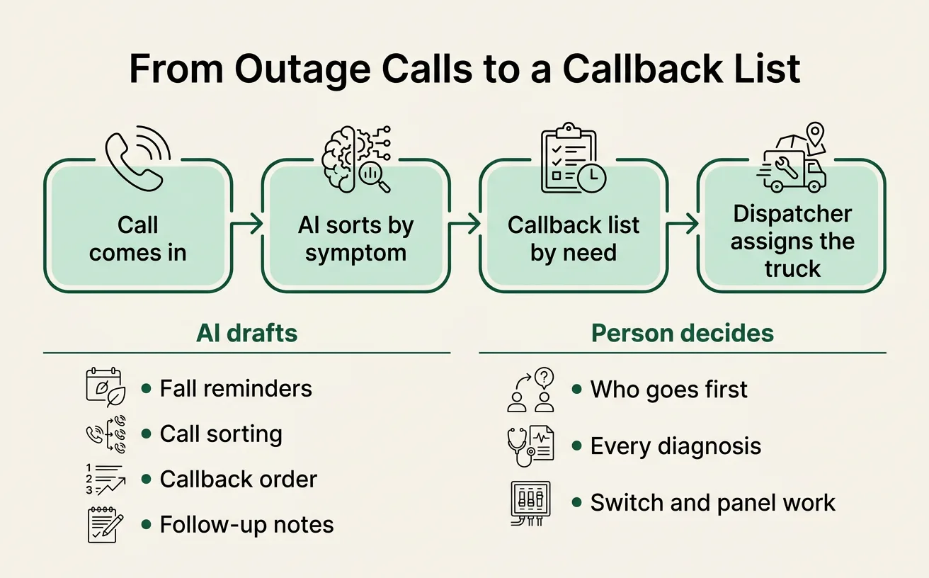 A four-step flow from incoming call to dispatched truck, with a split showing what AI drafts and what a person decides.