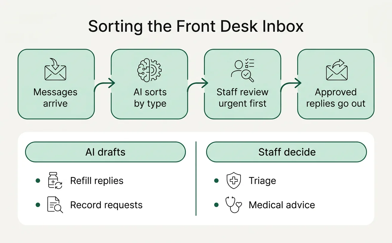 A four-step flow from incoming messages to approved replies, with a split showing what AI drafts and what staff decide.