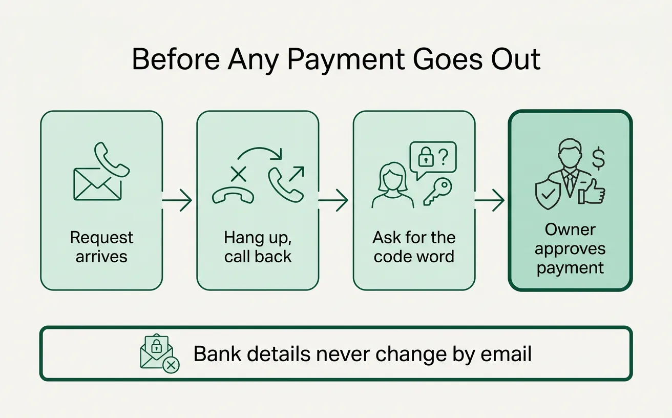 A four-step flow showing a payment request, a callback on a known number, a code word check, and owner approval before money moves.