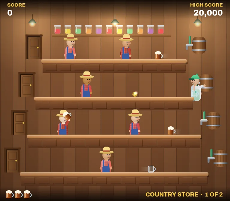 Fizz mid-game: customers lined up along four bars in a country store, with a mug of root beer sliding down the bar