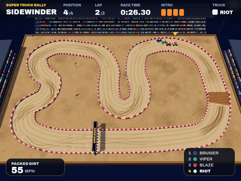 Sidewinder mid-race: four trucks on a dirt stadium track with red and white barriers, a wooden jump and grandstands