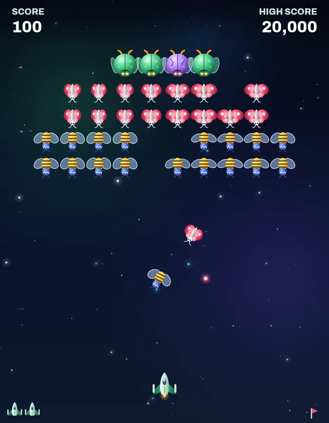 Swarm mid-game: a formation of green bosses, red butterflies and yellow bees above the player's fighter