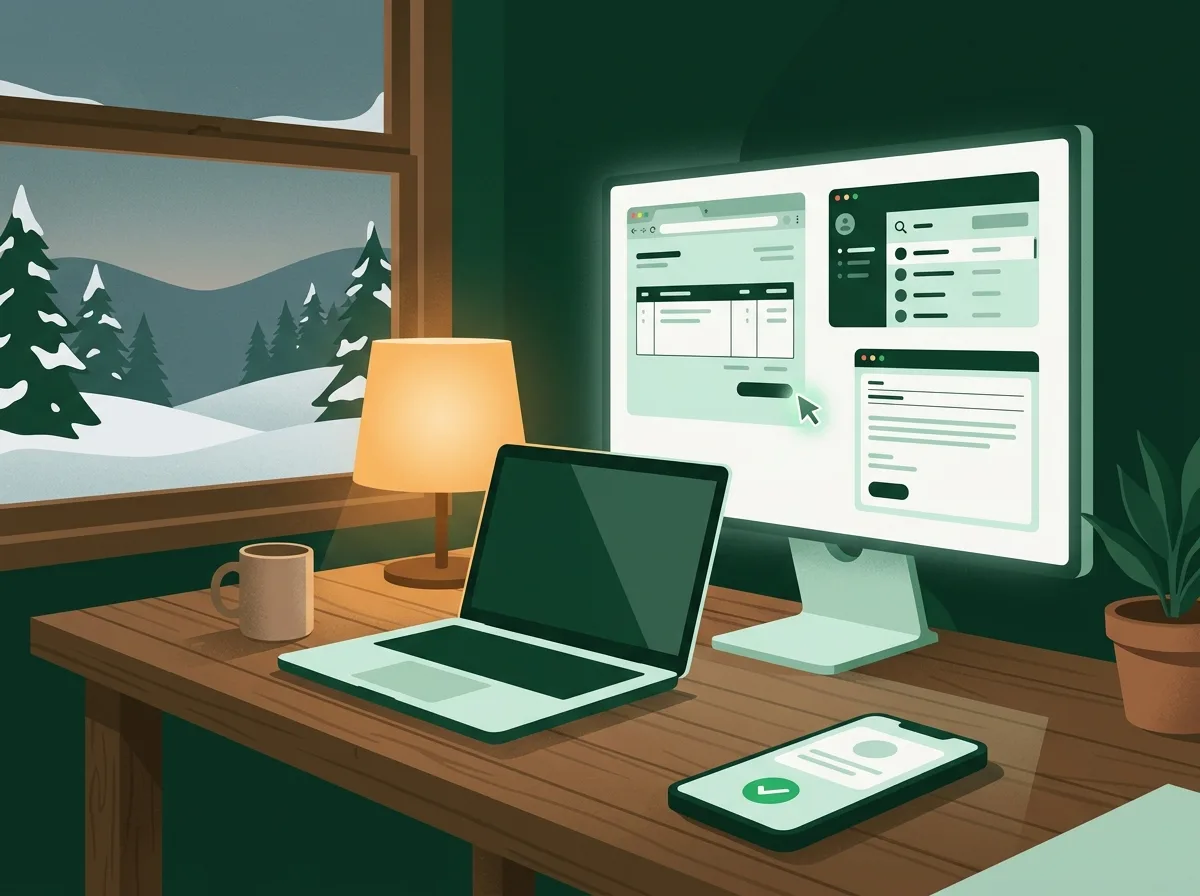 Illustration of a New Hampshire office at dusk: a monitor with an invoice portal, CRM and email draft being worked by an AI cursor, and a phone showing an approval check