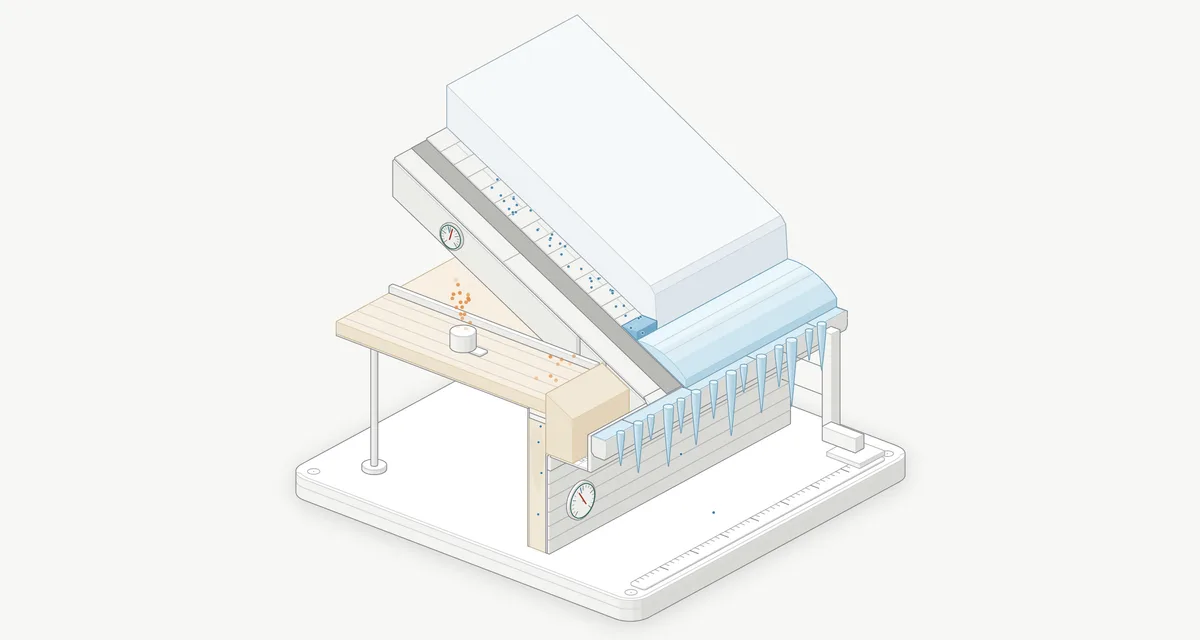Isometric cutaway of a roof edge: the wall and soffit, the attic floor with insulation and a baffle, the roof deck, ice and water shield and shingles peeled back in steps, snow on the roof, and an ice dam with icicles along the gutter