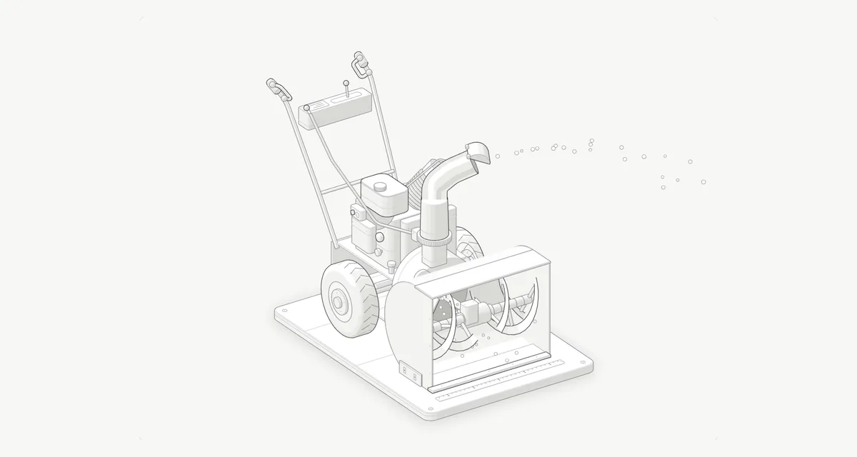 Isometric drawing of a two-stage snowblower: the auger housing with its two augers, the impeller drum and chute, the engine, the friction drive inside the frame, the wheels and the handles with their levers