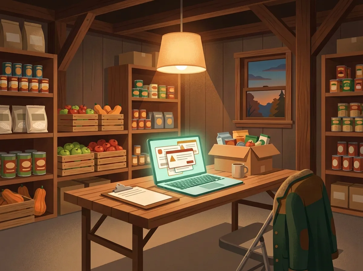 Illustration of a small food pantry after hours: shelves of cans and crates of apples, a folding table under a warm lamp, and a laptop glowing with a stack of notices