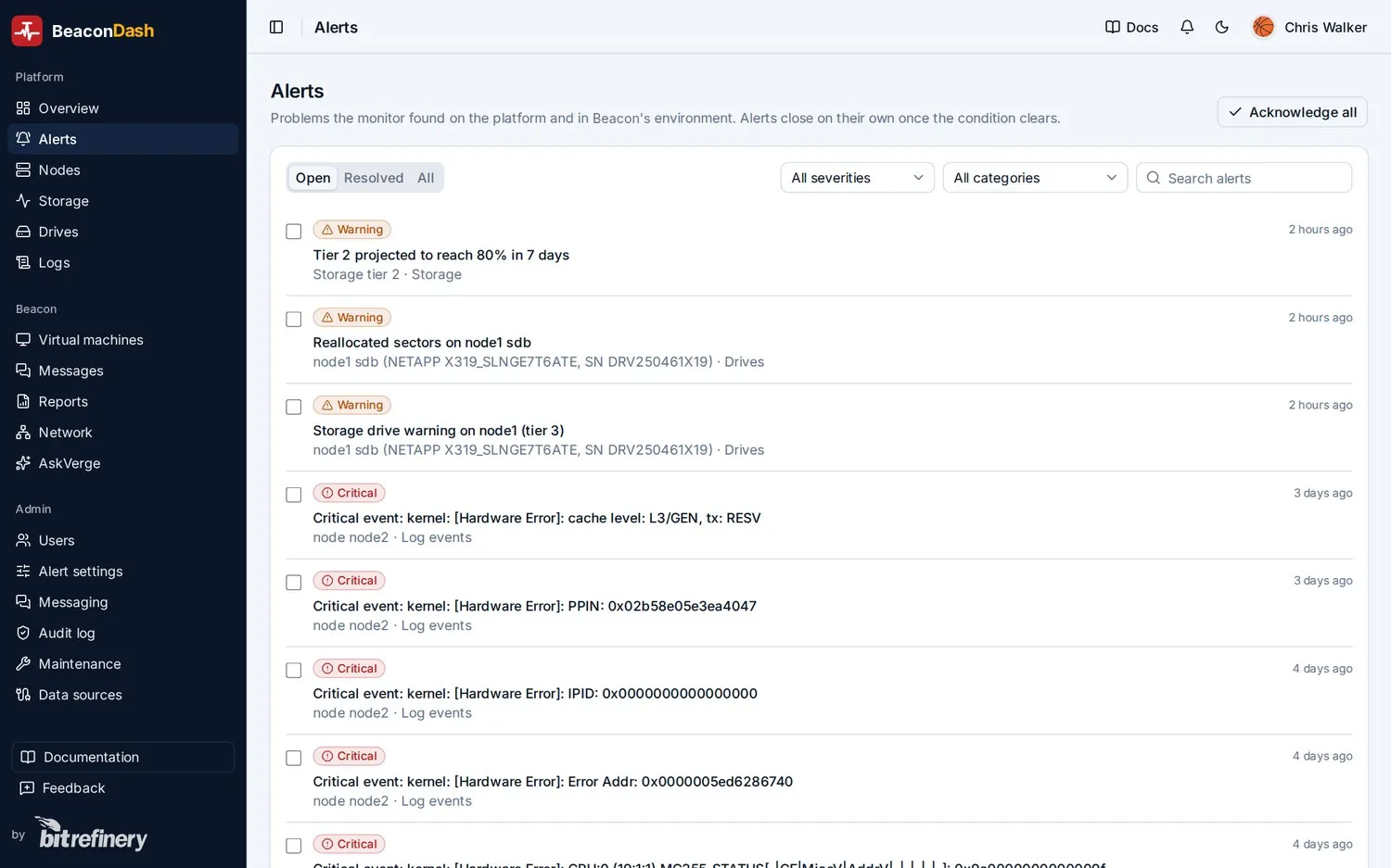 Alerts with filters by status, severity and category