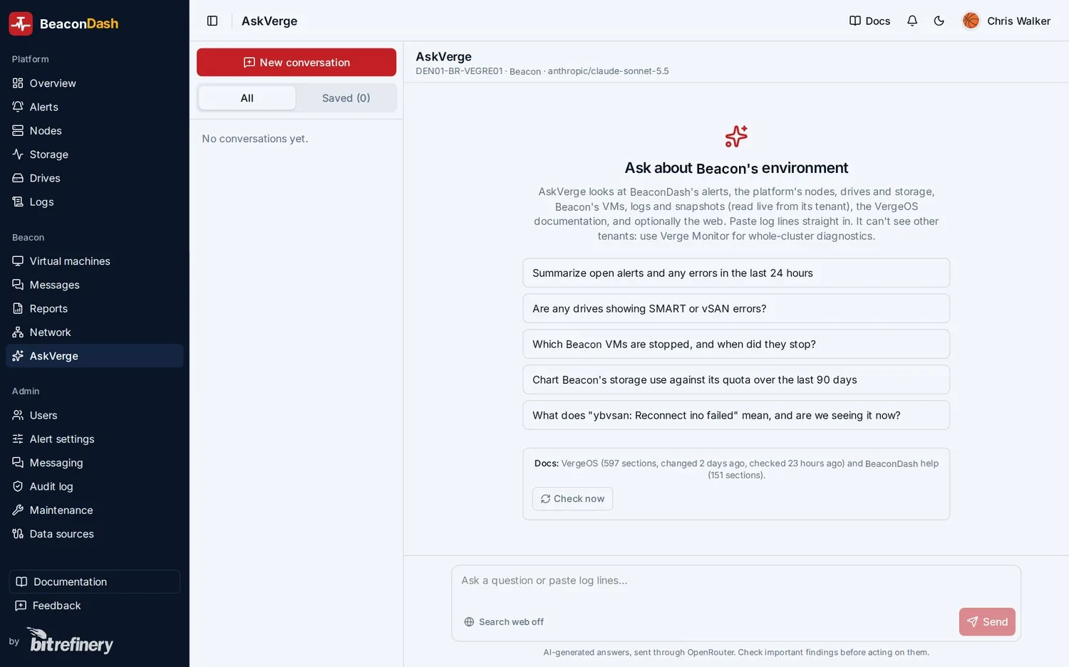 AskVerge, the AI assistant for Bit Refinery staff, with suggested questions