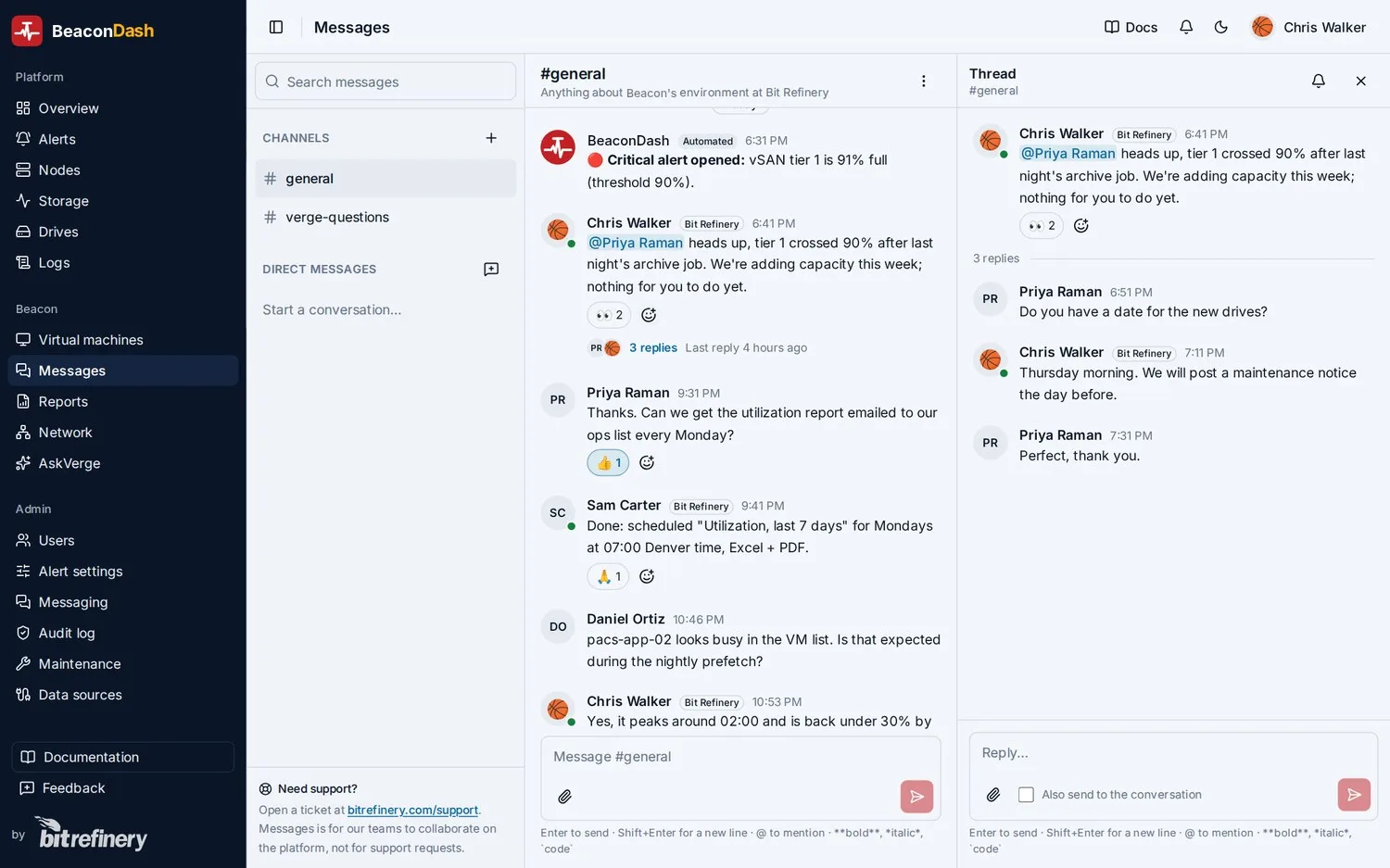 Messages between the customer and Bit Refinery, with a thread open