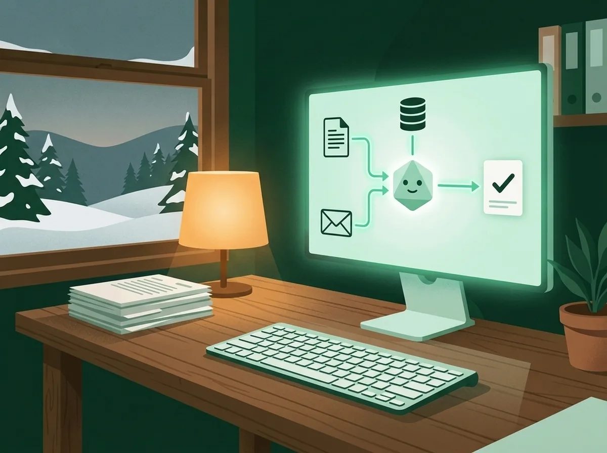 Illustration of a desk at dusk with a monitor showing documents, email and a database connected to an AI agent that ends in an approval check