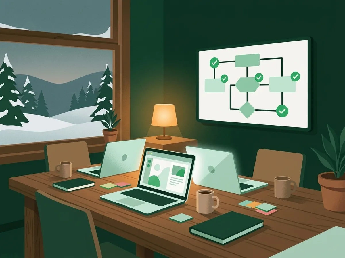 Illustration of a New Hampshire training room at dusk set up for a hands-on AI session: laptops, sticky notes and a screen showing a step-by-step workflow