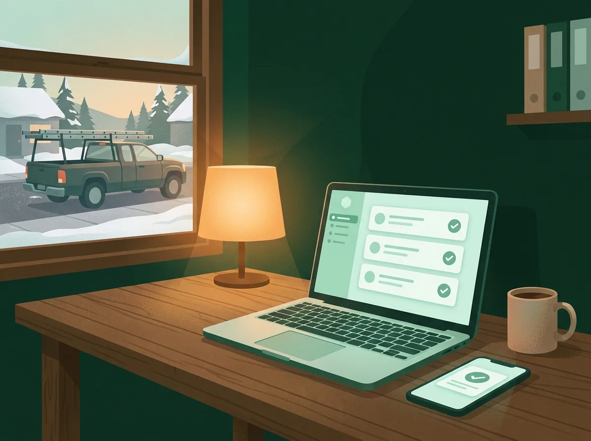 Illustration of a remodeling company's office at dawn: a laptop and a phone on a wooden desk both showing a short list of items with check buttons, and a pickup truck with a ladder rack outside in the snow