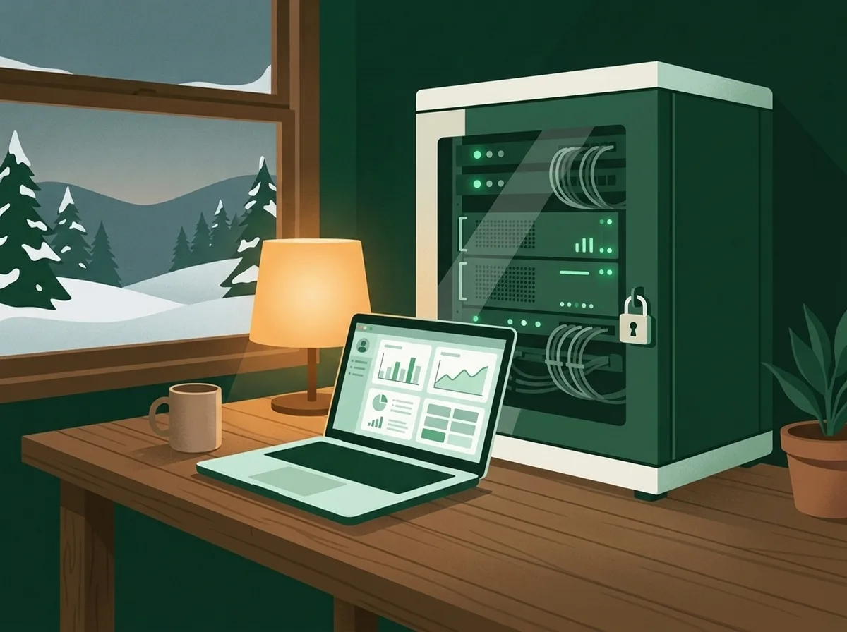 Illustration of a small private server room in New Hampshire with a locked GPU server rack and a laptop showing a monitoring dashboard