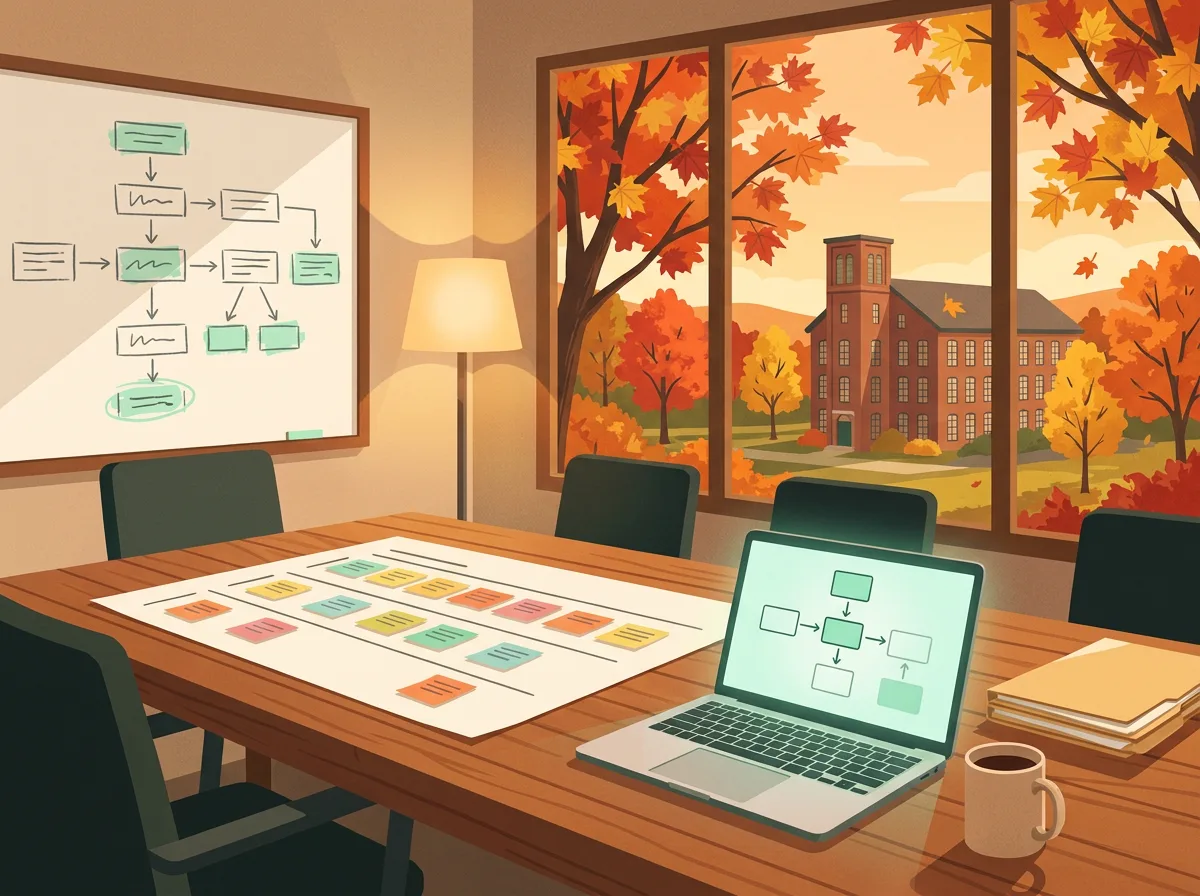 Illustration of a New Hampshire mill-town conference room in autumn: sticky notes in swimlane rows on a long table, a laptop showing a flowchart and a whiteboard of boxes and arrows
