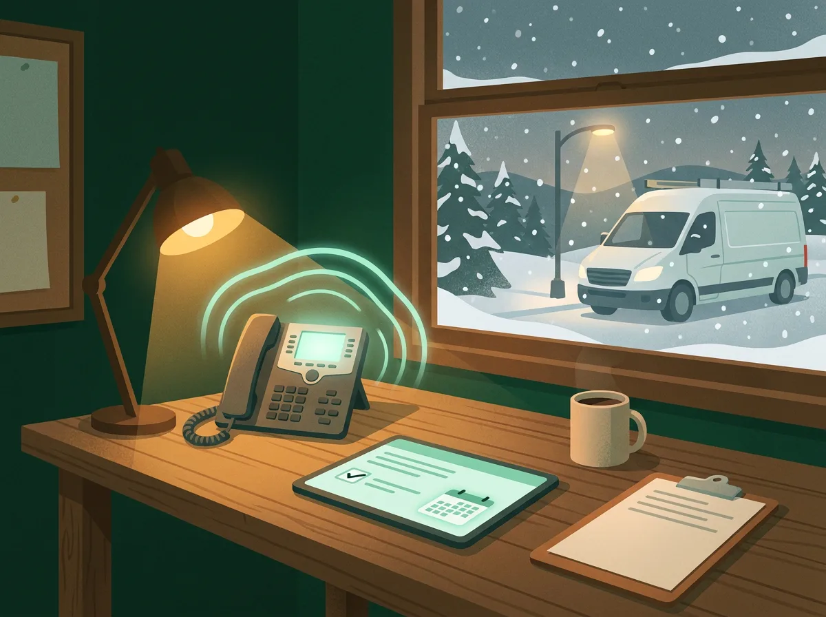 Illustration of a heating company's front office on a snowy evening: an empty desk, a desk phone glowing as a call is answered, a tablet showing a job ticket and a service van outside