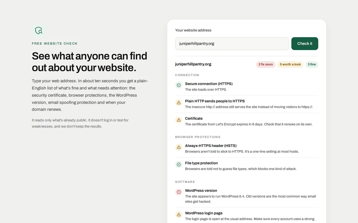The free website check's results for a fictional food pantry's website, grouped into connection, browser protections, software, email and domain, each marked fine, worth a look or fix soon