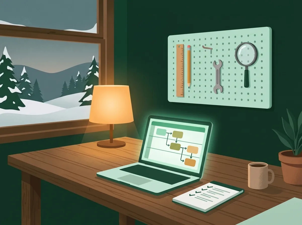 Illustration of a desk at dusk: a pegboard of simple tools on the wall and a laptop showing a workflow map in swimlanes, next to a checklist