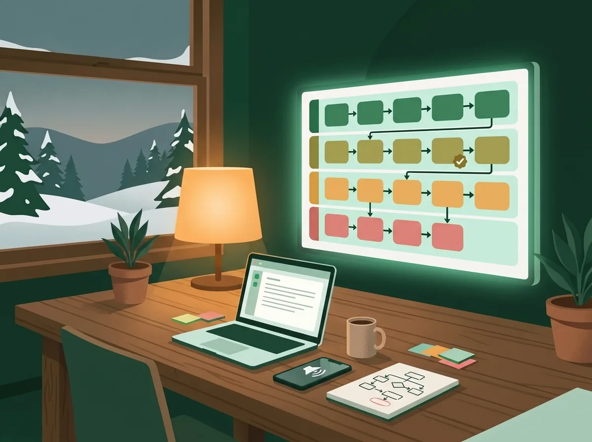 Illustration of a meeting room at dusk: a wall screen shows a swimlane workflow map with steps coloured by work mode and an approval check, above a laptop of call notes, a phone on speaker and a sketched flow
