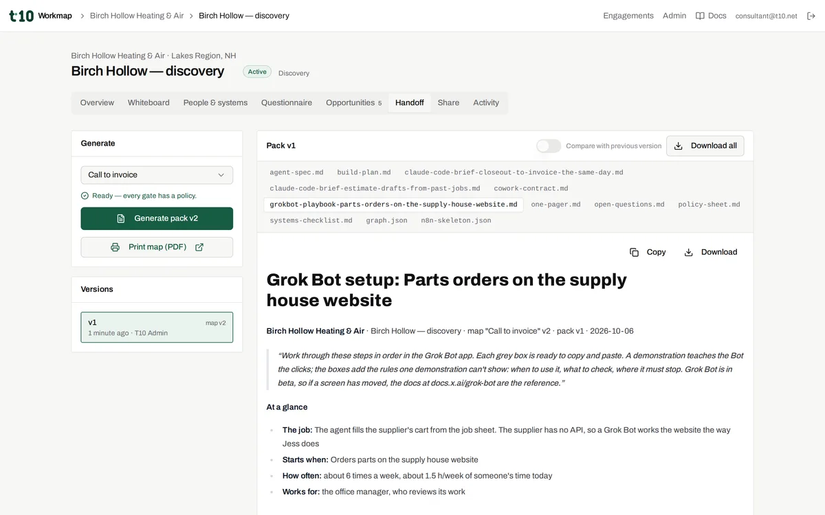 The handoff pack, open on the Grok Bot setup guide for ordering parts on a supplier's website, with the build plan, developer briefs, policy sheet and the other files alongside